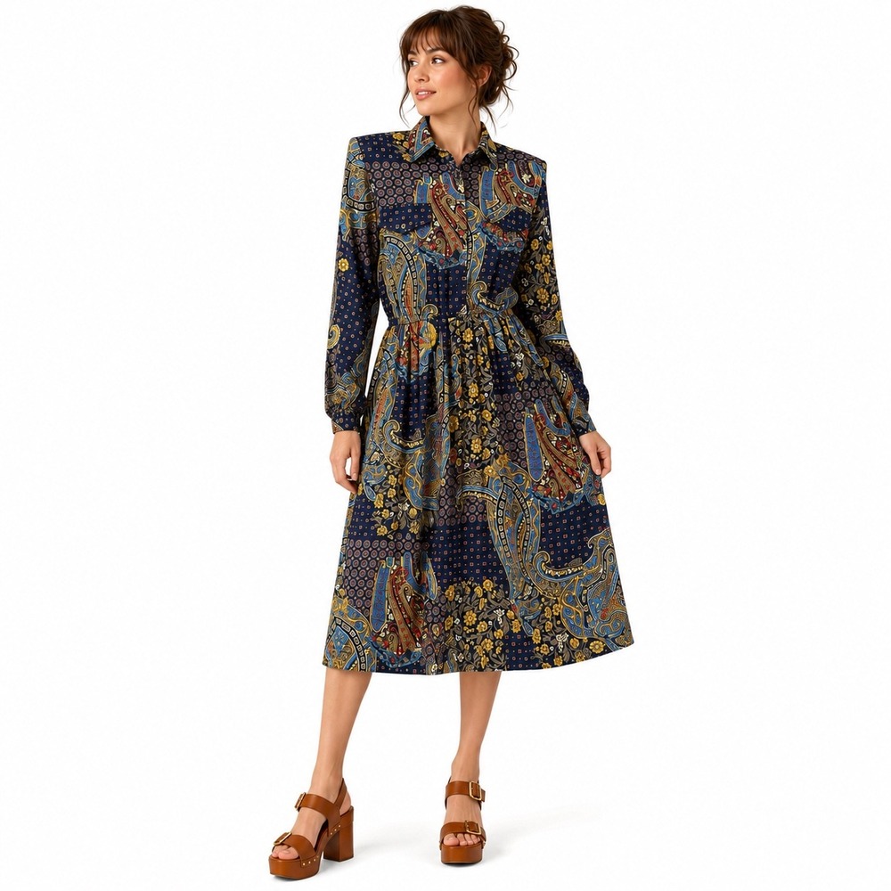 Vintage Paisley Floral Midi Dress Long Sleeve Secretary Cottagecore Academia 12P